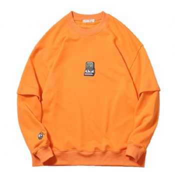 Custom Embroidery Logo Orange Color Patchwork Sleeve Cotton Terry Sweatshirt